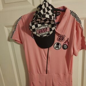 Dolls Kill Pink Racing Jumpsuit Dress with Checkered Cap